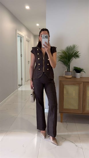 Dutte Kahve Gold Düğme Detaylı Yelek Pantolon Takım