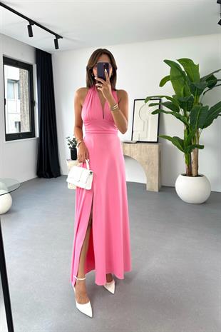 Lusa Pembe Boyundan Bağlamalı Elbise