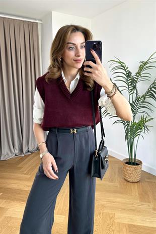 Bordo Rengi V Yaka Düz Süveter