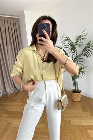 Cudy Yağ Yeşili V Yaka Saten Gömlek 