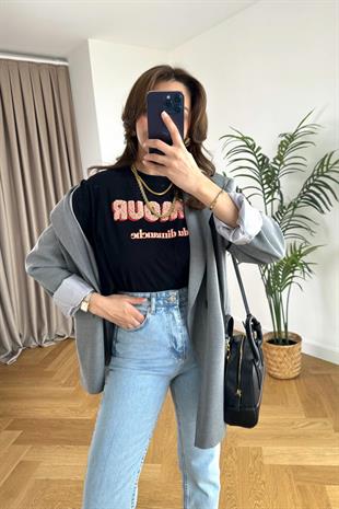 Amour Siyah Bisiklet Yaka Tişört