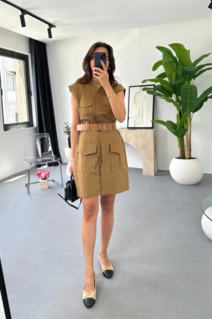 Florina Camel Kemer Detaylı Sıfır Kol Keten Elbise