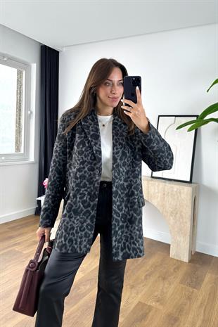 Pasole Siyah Leopar Detaylı Blazer Ceket
