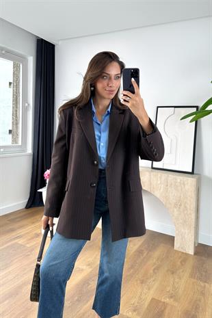 Larase Acı Kahve Kendinden Çizgili Premıum Blazer
