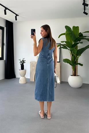 Livano Mavi Yırtmaç Detaylı Kolsuz Denim Elbise