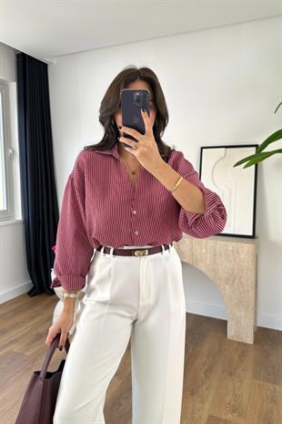 Drones Bordo Beyaz Çizgili Gömlek