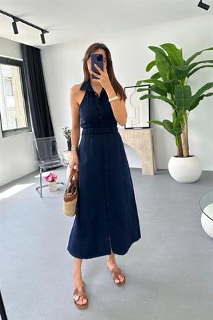 Loves Lacivert Halter Yaka Gabardin Elbise