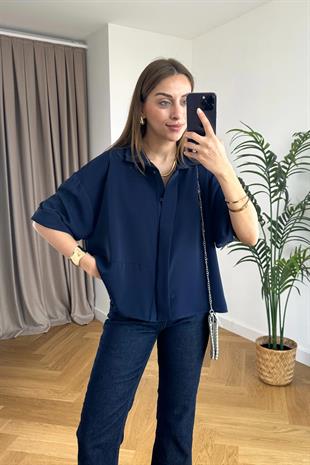 Zumta Lacivert Gizli Düğme Detaylı Gömlek