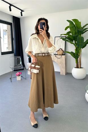 Lole Kemerli  Camel Keten Maxi Etek