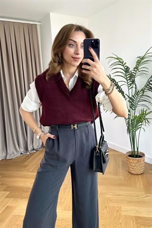 Bordo Rengi V Yaka Düz Süveter