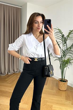 Calles Beyaz Omuz Detaylı Tasarım Gömlek