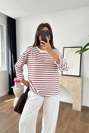 Cesina Beyaz Bordo Çizgili Bisiklet Yaka Sweatshirt