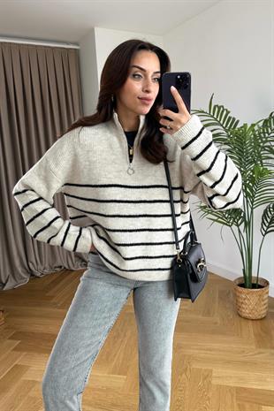Bilex Ekru Siyah Çizgili Fermuarlı Triko