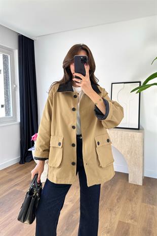 Flexa Camel Kadife Yaka Torba Cepli Ceket