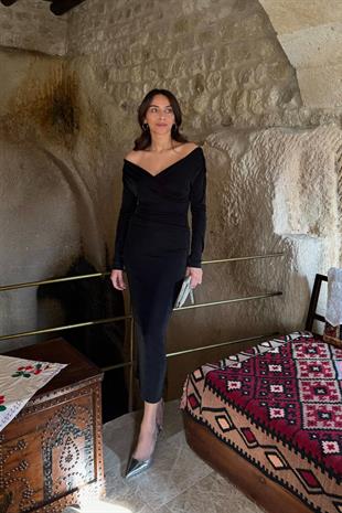 Lina Siyah Kruvaze Yaka Elbise