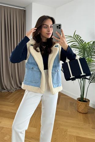 Kürk Astar Detaylı Denim Yelek