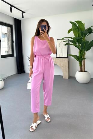 Tara Pembe Beli Bağlamalı Bluz Pantolon Takım
