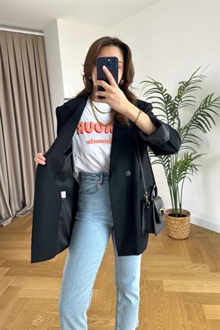 Olessa ZR Siyah Çift Düğme Detaylı Premium Blazer