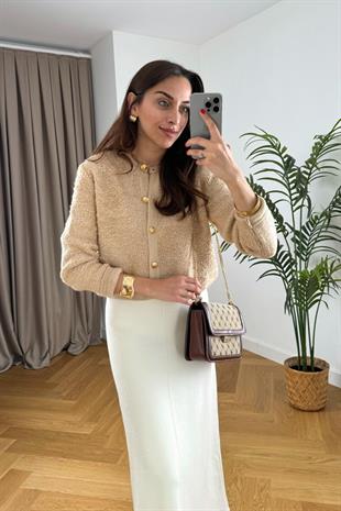 Soft Bej Düğme Detaylı Bisiklet Yaka Yumoş Hırka