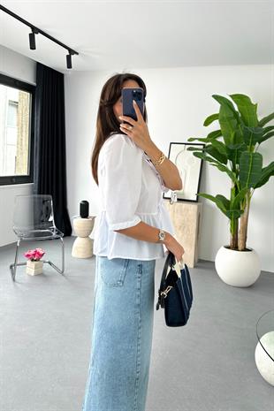 Lonte Beyaz Bağlama Detaylı Bluz