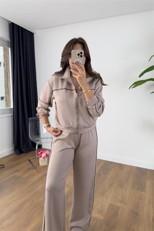 Edelle Kahve Şerit Detaylı Fermuarlı Sweat Eşofman Takım
