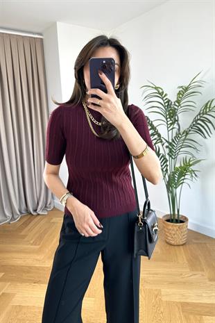 Erax Bordo Fitilli Yarım Kol Triko