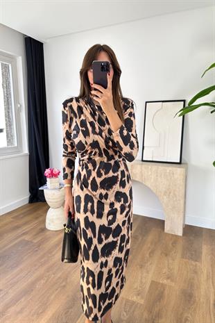 Vensa Leopar Desenli Drapeli Maxi Boy Elbise