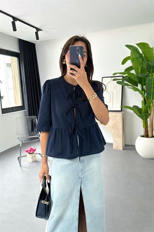 Lonte Lacivert Bağlama Detaylı Bluz
