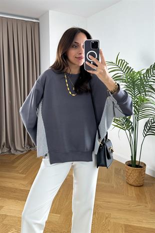 Gri Gömlek Detaylı Sweatshirt