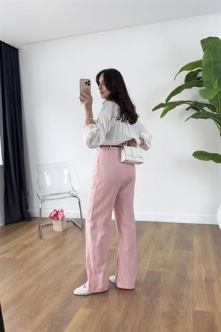 Efna Uçuk Pembe Kemerli Keten Pantolon