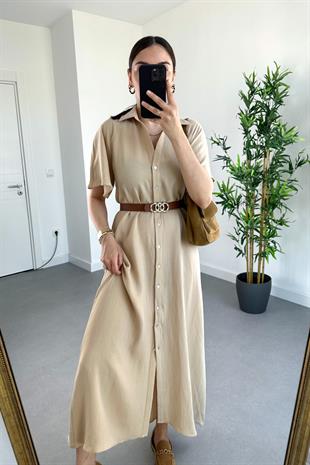 Bej Düğme Detaylı Maxi Boy Elbise