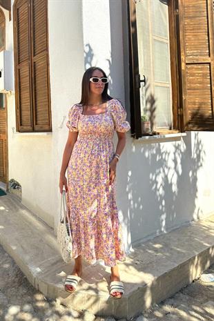 Crispy Pembe Desenli Gipe Detaylı Elbise