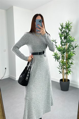 Dress Gri Dik Yaka Çan Elbise
