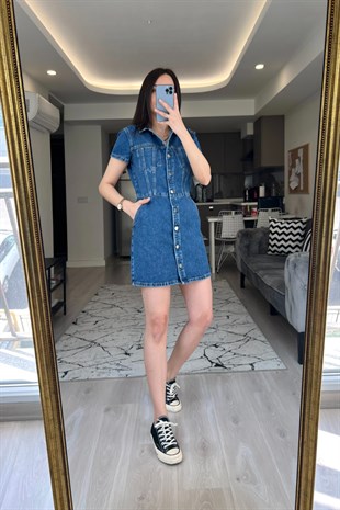 Düğme Detaylı Jean Elbise