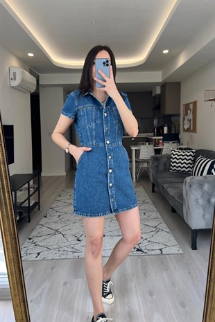 Düğme Detaylı Jean Elbise