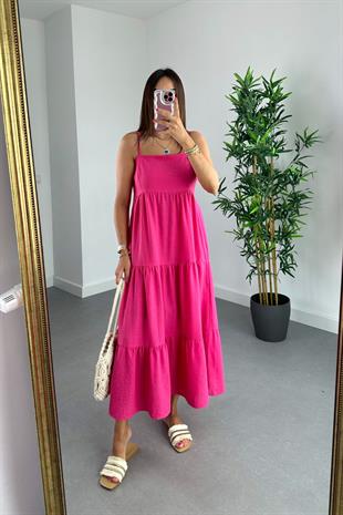Kiko Pembe İp Askılı Keten Elbise
