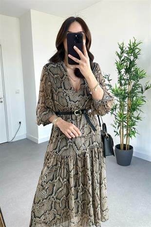Leopar Desenli Astarlı Şifon Elbise