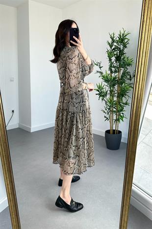Leopar Desenli Astarlı Şifon Elbise