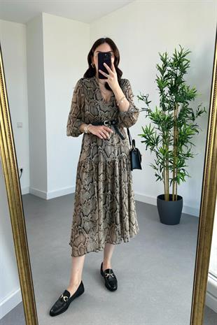 Leopar Desenli Astarlı Şifon Elbise