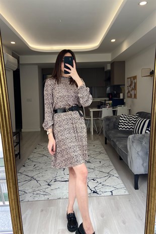 Leopar Desenli Lazer Kesim Elbise