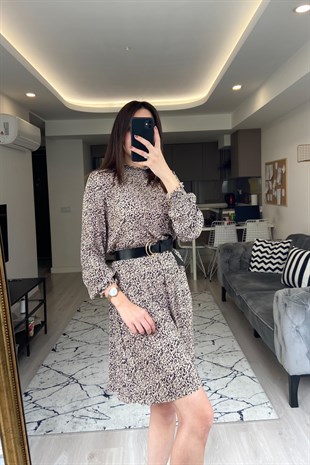 Leopar Desenli Lazer Kesim Elbise