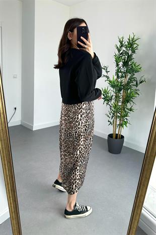Leopar Desenli Sweatshirt Detaylı Elbise