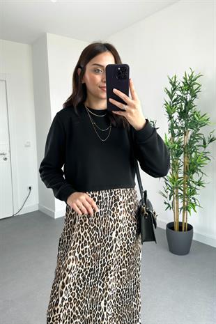Leopar Desenli Sweatshirt Detaylı Elbise