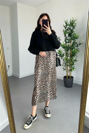 Leopar Desenli Sweatshirt Detaylı Elbise