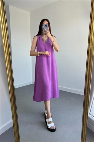 Lila Tensel Dökümlü Elbise