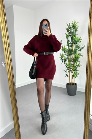 Mng Bordo Boğazlı Triko Elbise