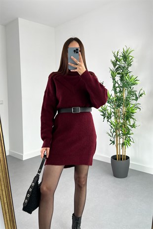 Mng Bordo Boğazlı Triko Elbise