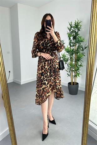 Mng Leopar Desenli Beli Kuşaklı Elbise