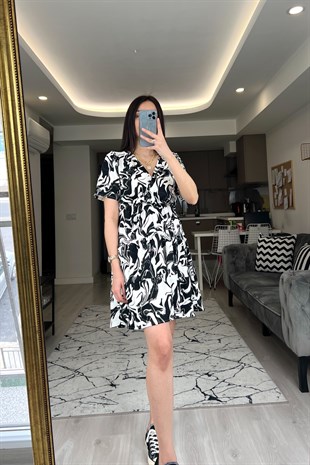 Mng Siyah/Beyaz Kruvaze Elbise