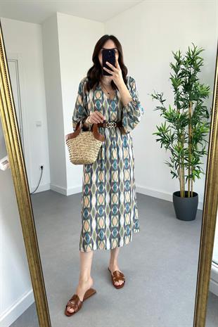 Olive Beli Lastikli Modal Elbise